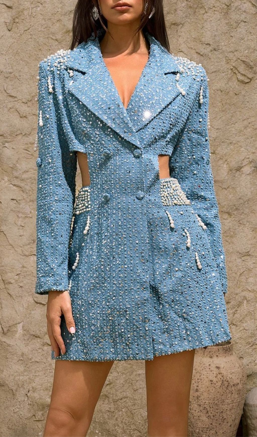 Fashionslee Women Dharinija Long Sleeve Pearl Cutout Denim Dress
