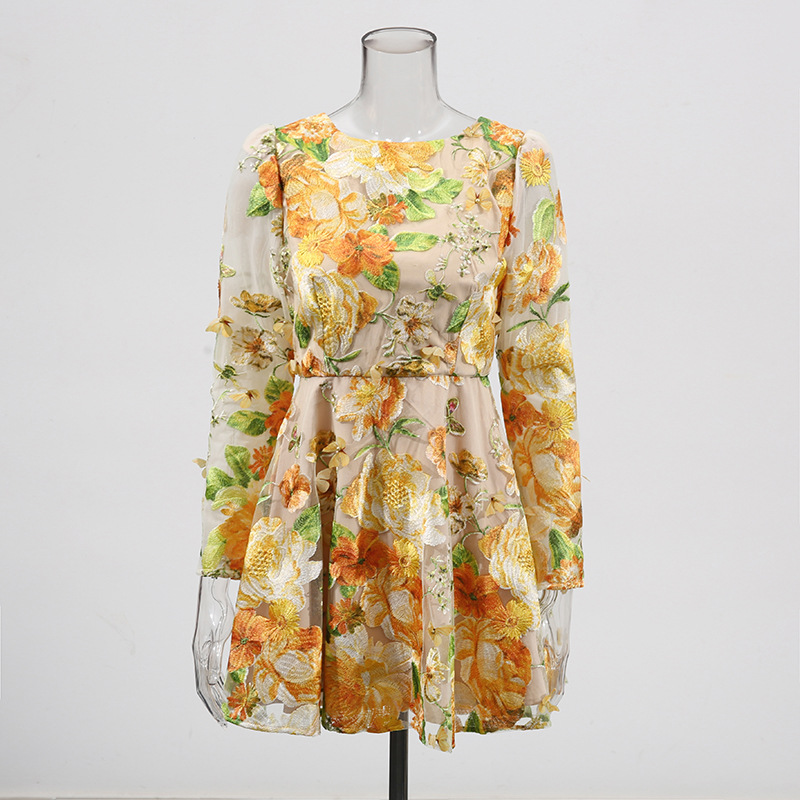 TRENDING YELLOW FLORAL EMBROIDERY MINI DRESS - OWNCI