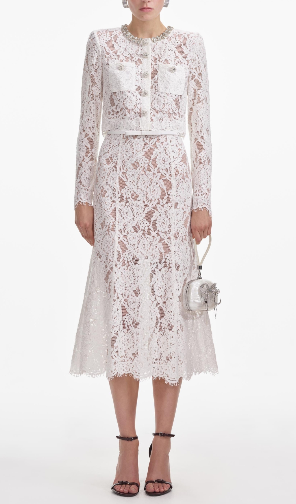 Fashionslee Women White Lace Embellished Top & Midi Skirt