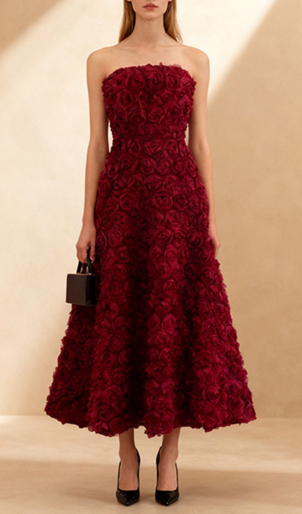 Fashionslee Women Ikuyo Wine Strapless Flower Midi Dress