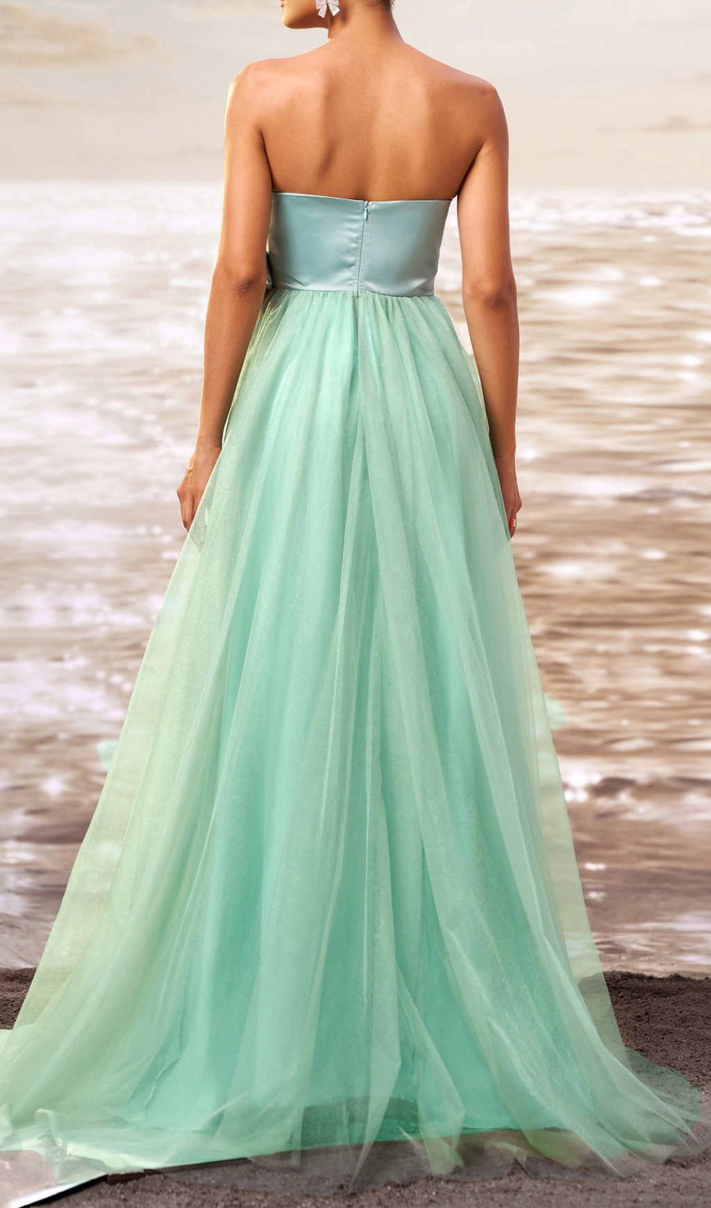 Fashionslee Women Dafna Mint Strapless Bow Mesh Maxi Dress