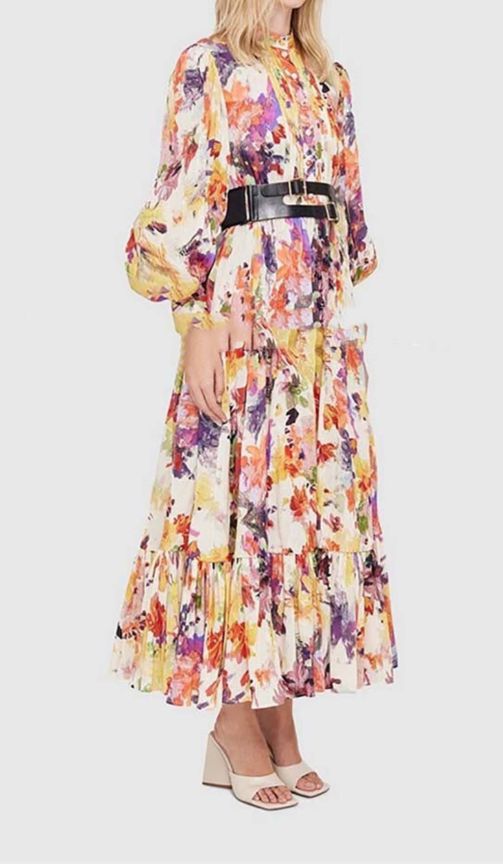 Fashionslee Women Poise Print Silk Midi Dress In Multi-Color