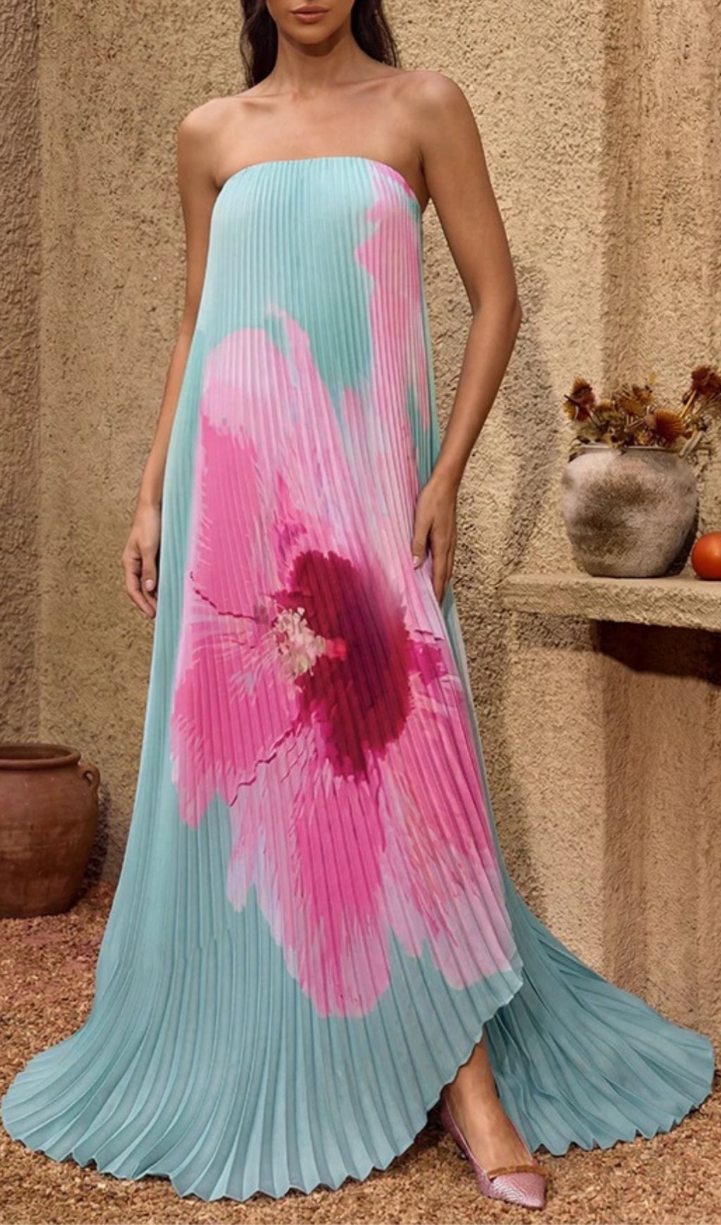 Fashionslee Women Yexila Strapless Floral Pleated Maxi Dress