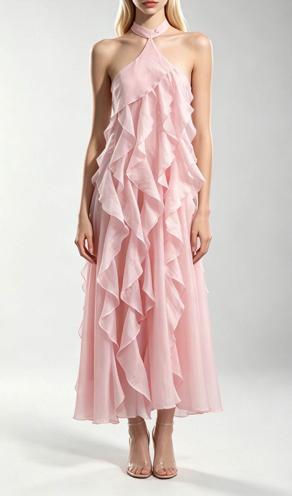 Fashionslee Women Kora Pink Halter Ruffle Maxi Dress