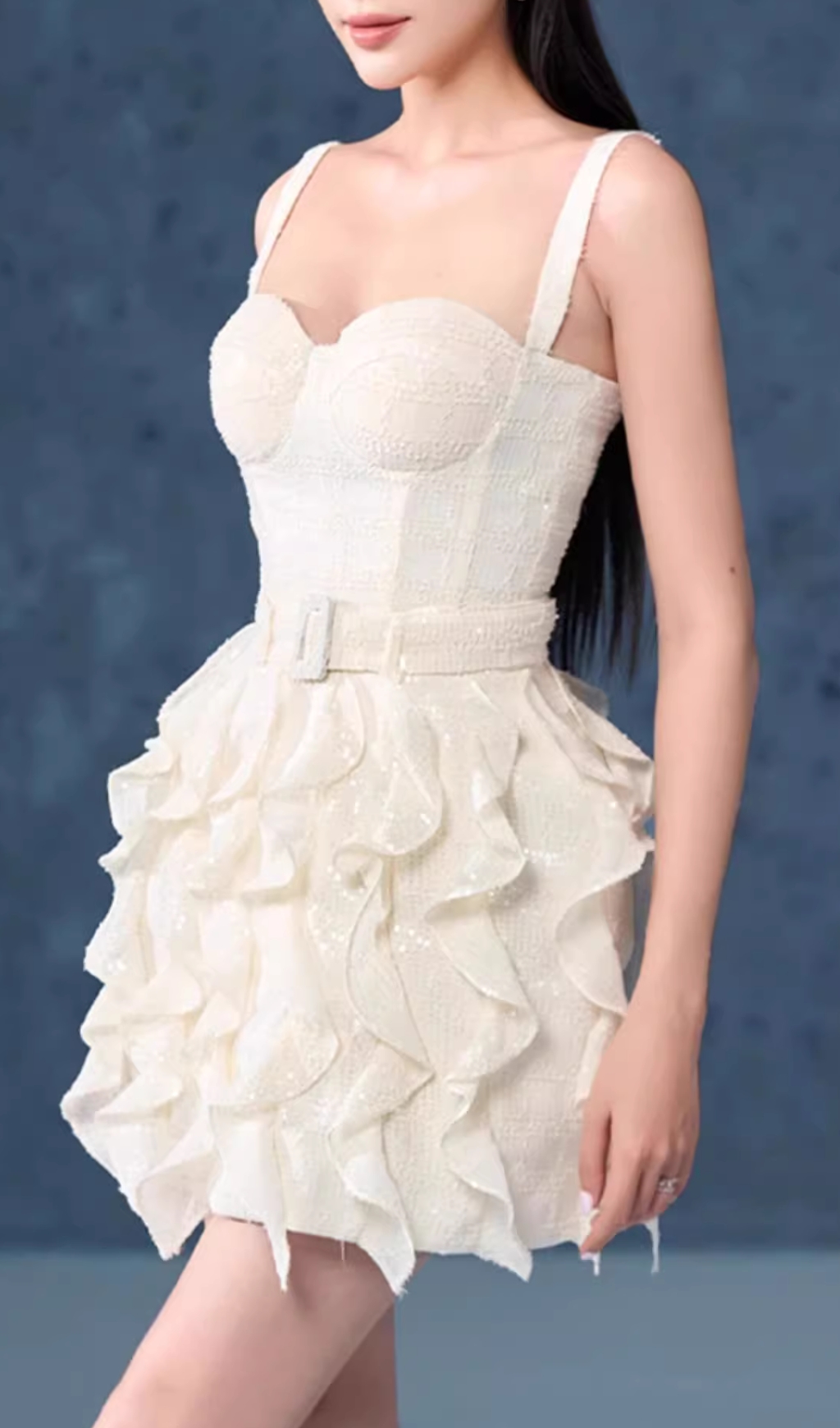 Fashionslee Women Elena White Strappy Sequin Ruffle Mini Dress