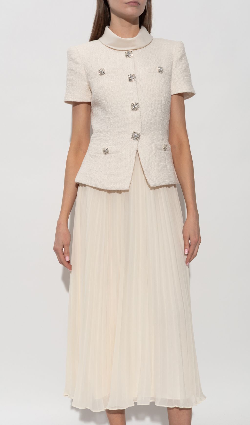 Fashionslee Women Cream Dress With Pleated Skirt
