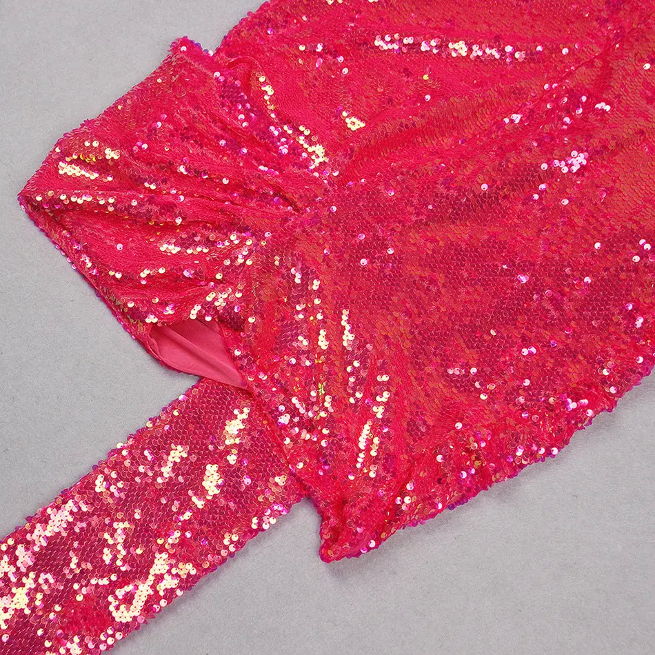 Fashionslee Women Rose Red Sequin One Shoulder Mini Dress
