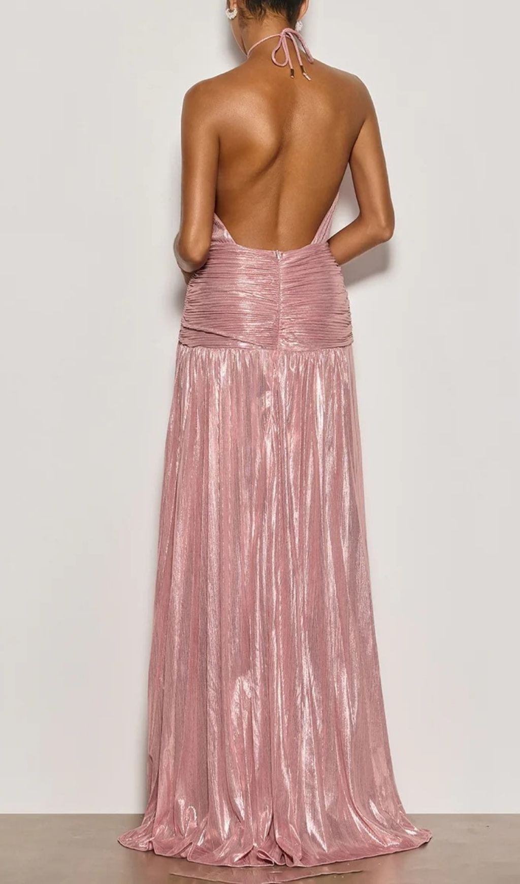 Fashionslee Women Syriona Halterneck Split Pleated Metallic Maxi Dress In Pink