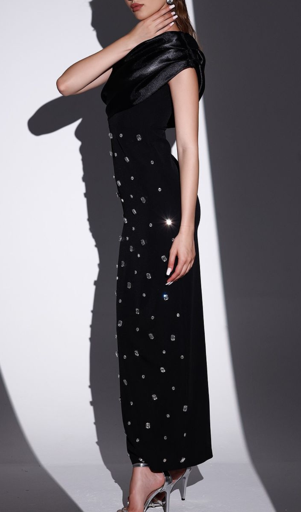 Fashionslee Women Camille One Shoulder Crystal Bandage Maxi Dress
