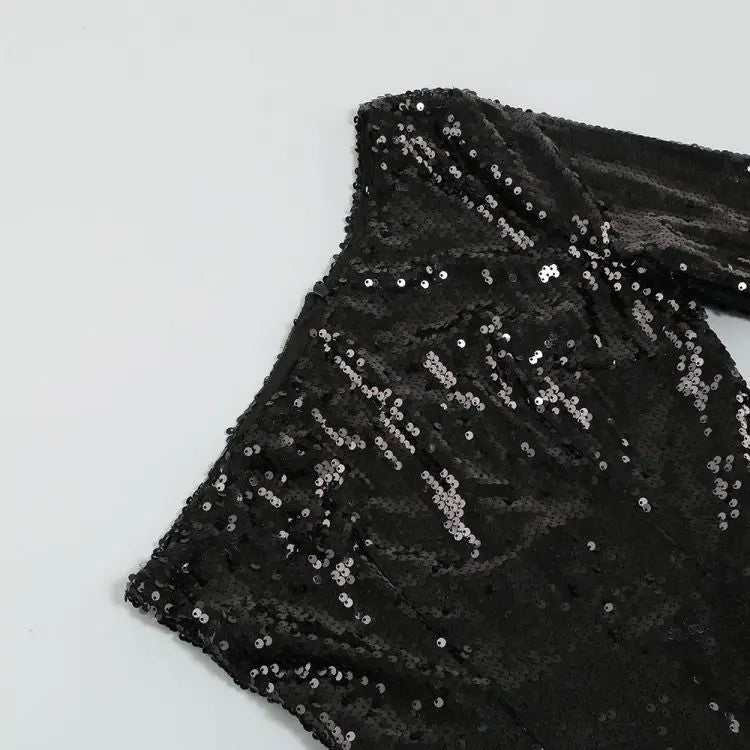 Fashionslee Women Black Sequin One Shoulder Feather Mini Dress