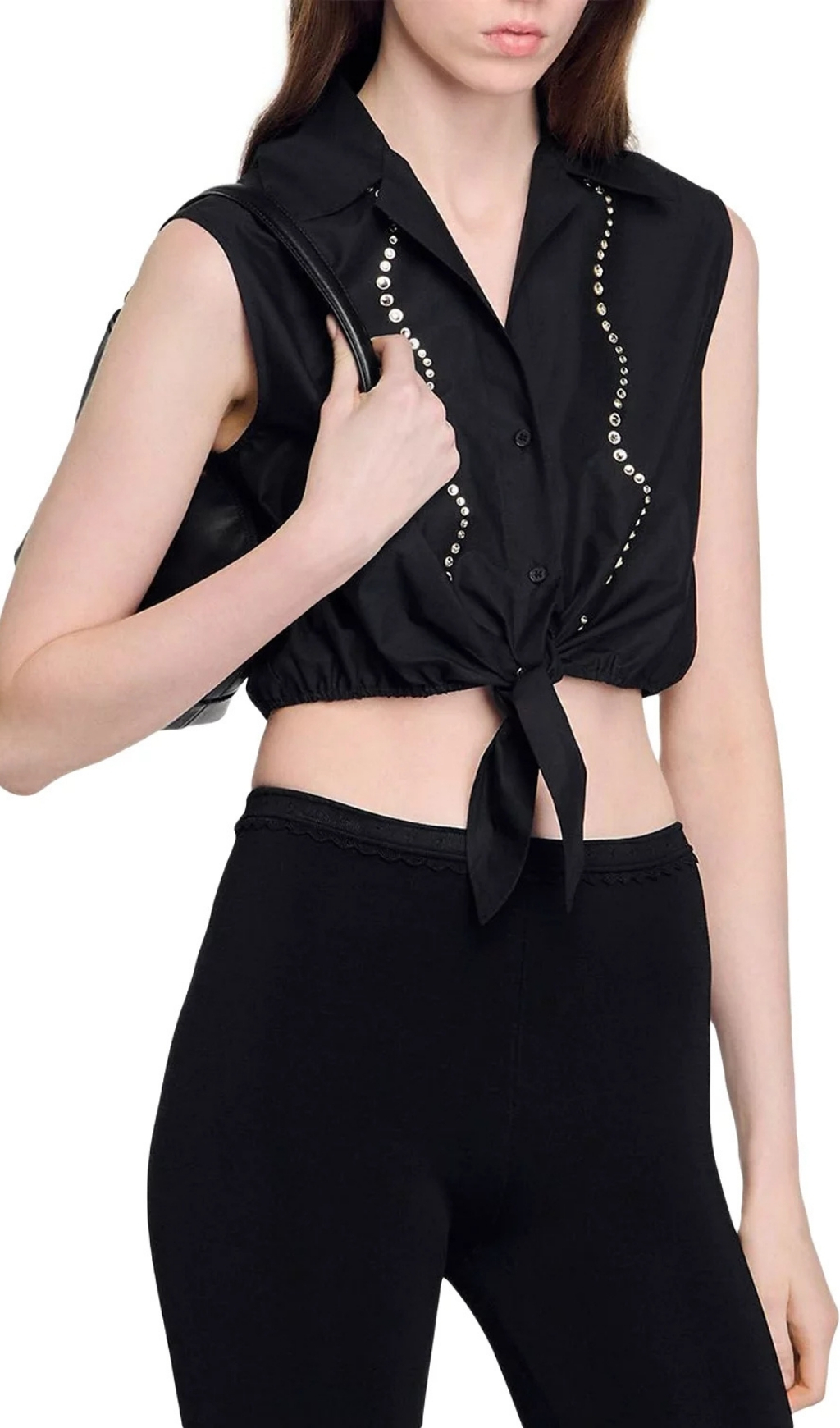 Fashionslee Women Rhinestone Cropped Shirt