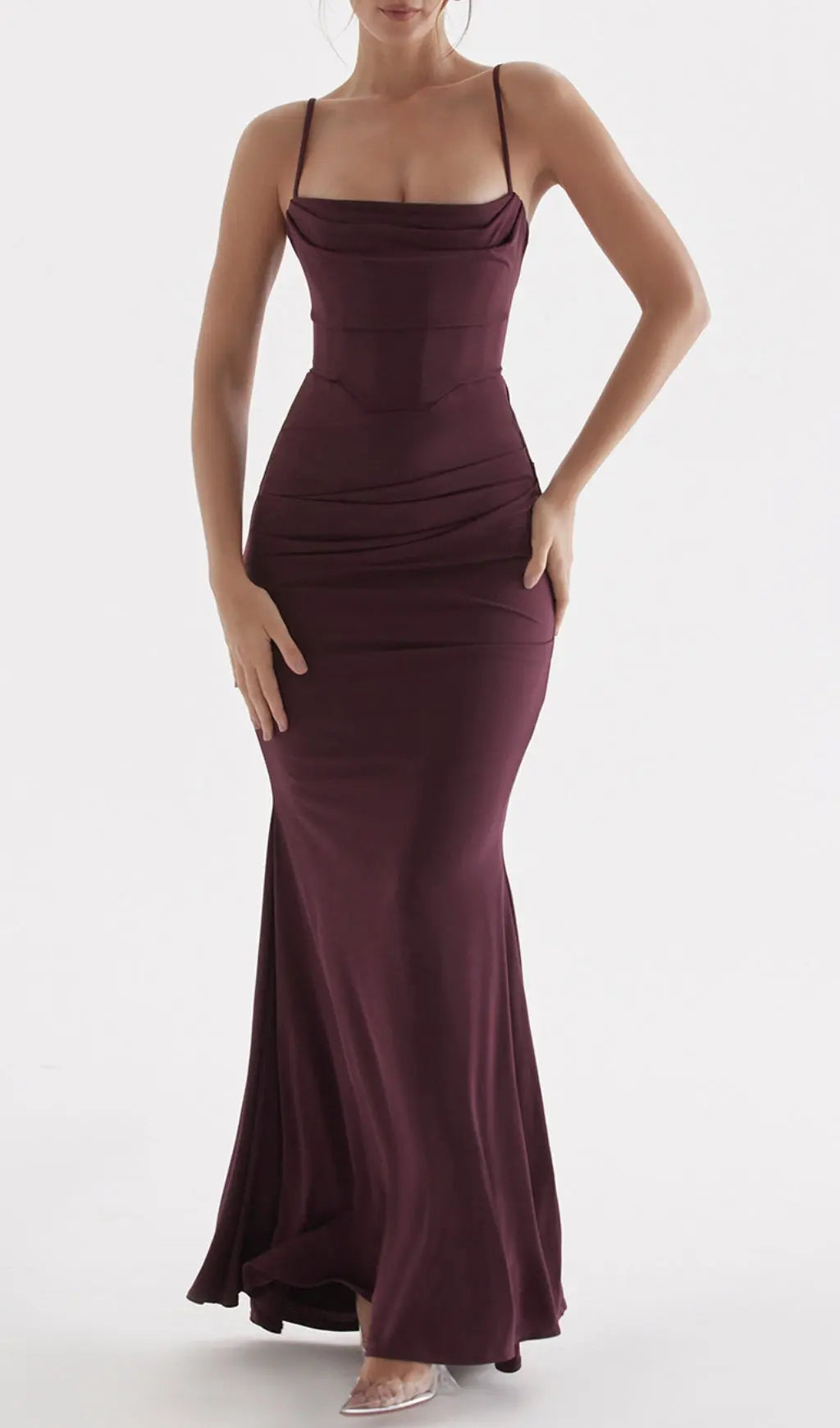 Fashionslee Women Dark Cherry Corset Maxi Dress