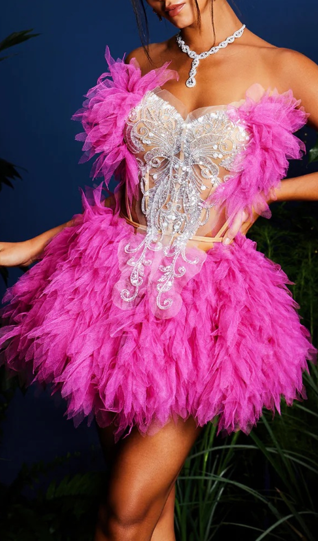 Fashionslee Women Jolleen Strapless Embellished Tulle Skirt Set In Hot Pink