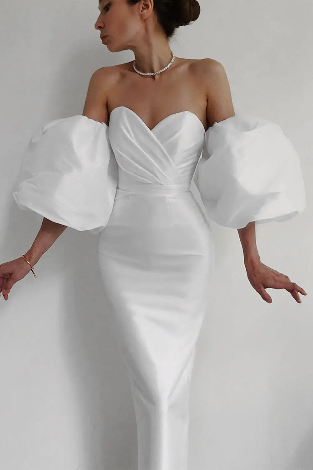 Fashionslee Women Off Shoulder Backless Puff Sleeves Midi Dress