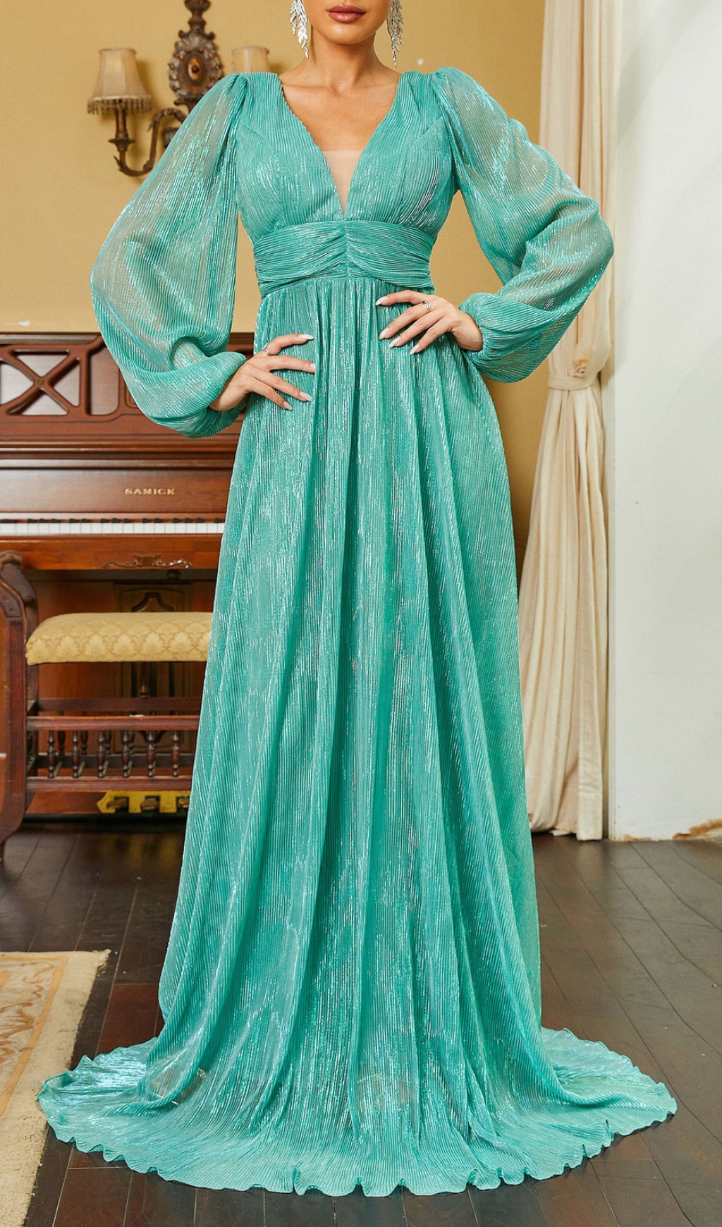 Fashionslee Women Briseis Green V-Neck Long Sleeve Maxi Dress