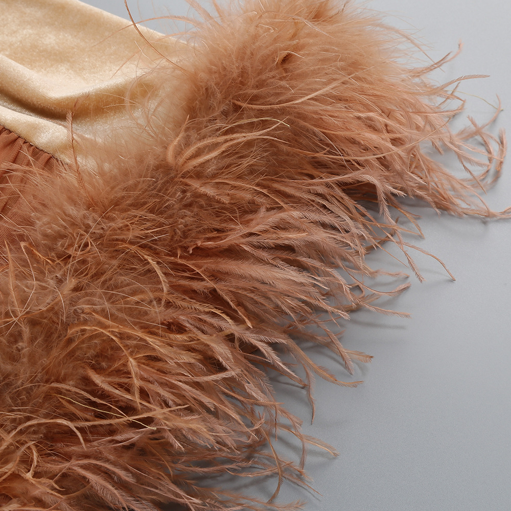 Fashionslee Women Kazuhito Strapless Diamante Ruched Feather Mini Dress