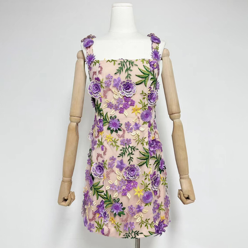 Fashionslee Women Fyodor Strappy Flower Embroidery Mini Dress