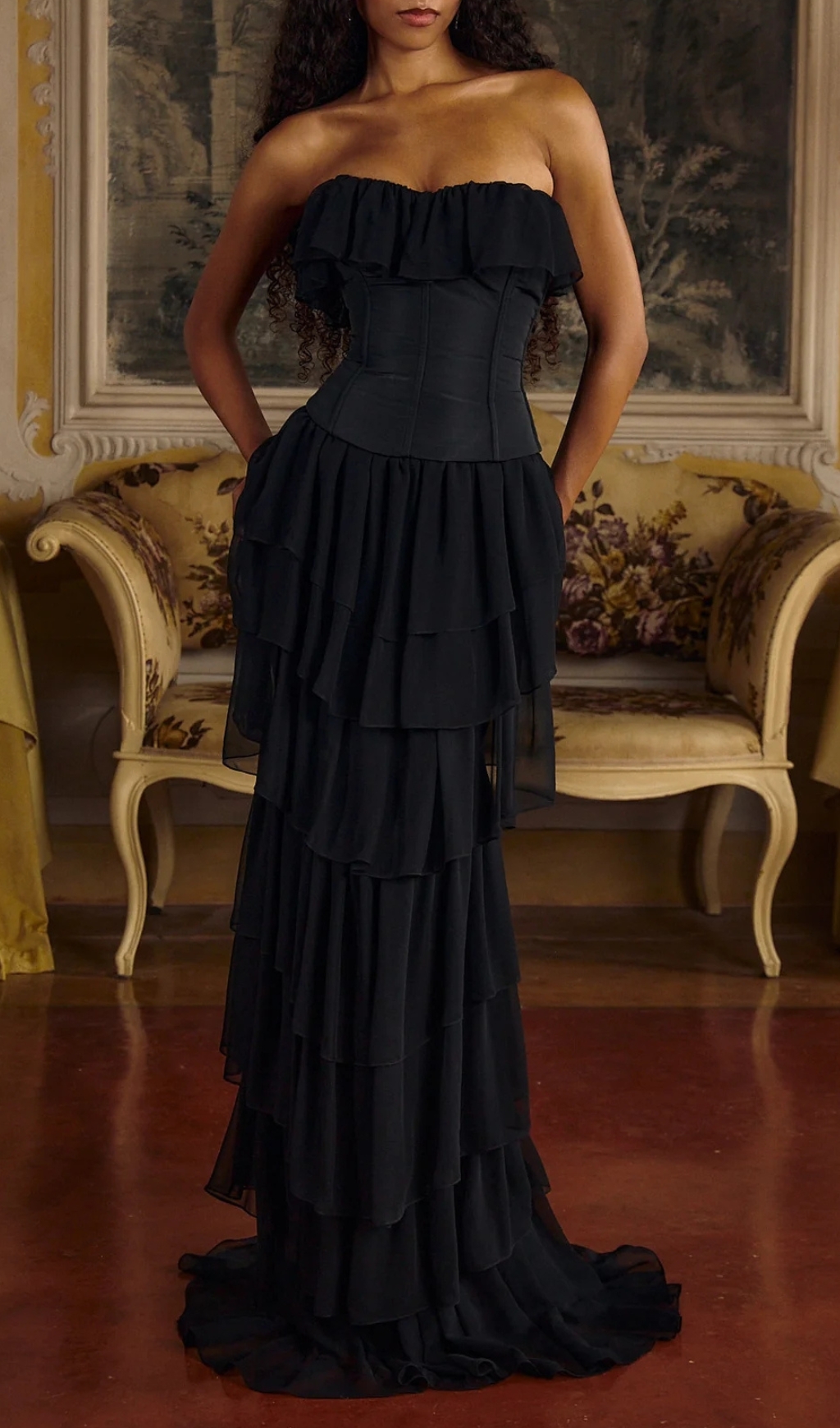 Fashionslee Women Angelie Black Ruffle Corset Maxi Dress