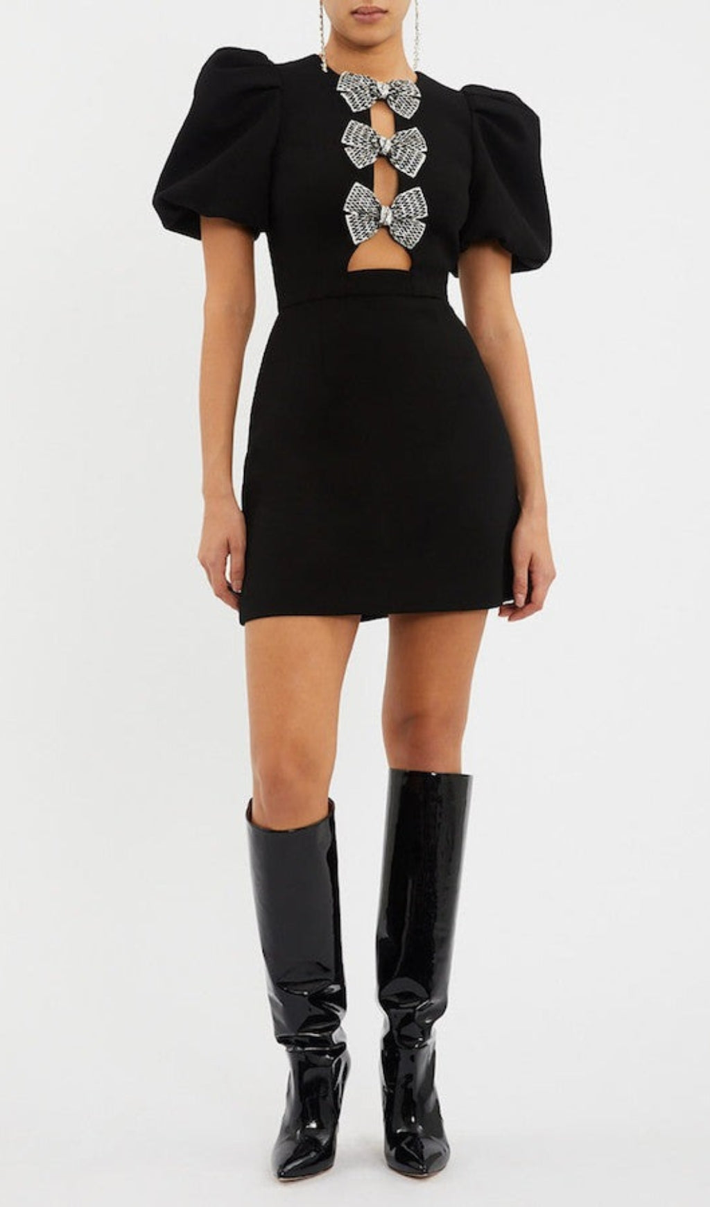 Fashionslee Women Black Short Sleeve Round Neck Bow Hollow Mini Dress