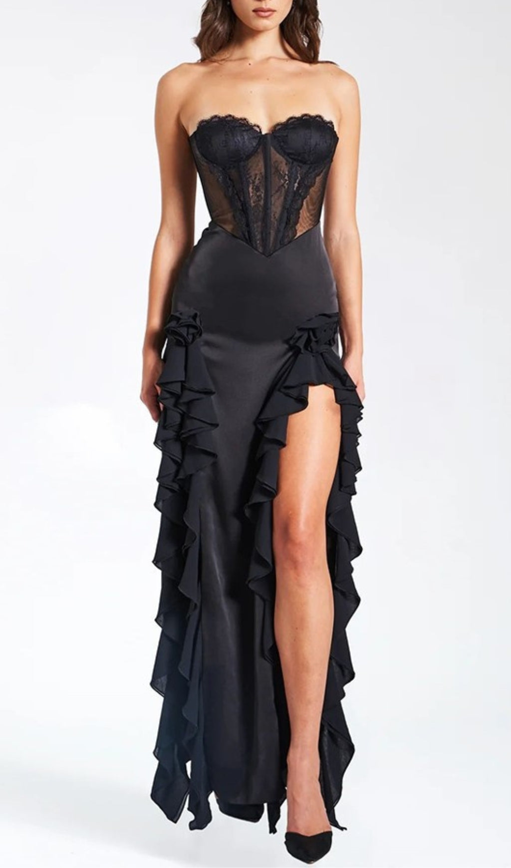 Fashionslee Women Amélie Black Satin Lace Corset Maxi Dress
