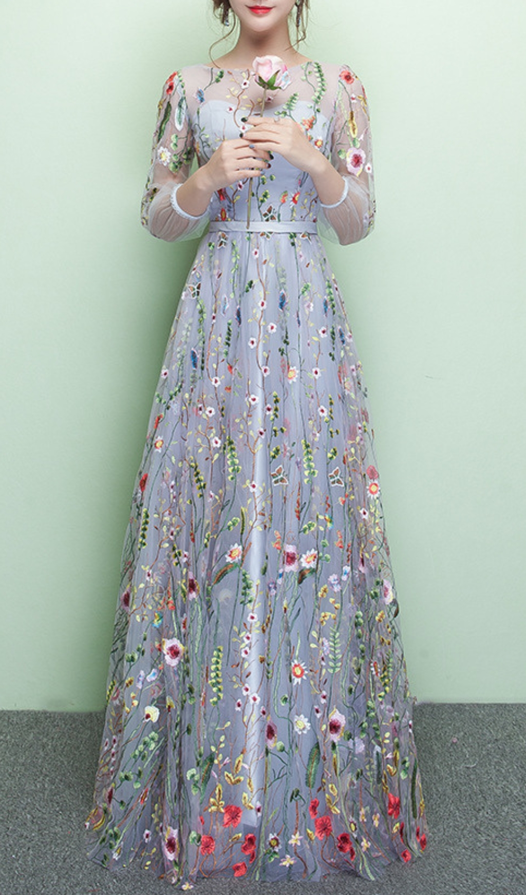 Fashionslee Women Dannell Gray Flower Mesh Sleeve Maxi Dress