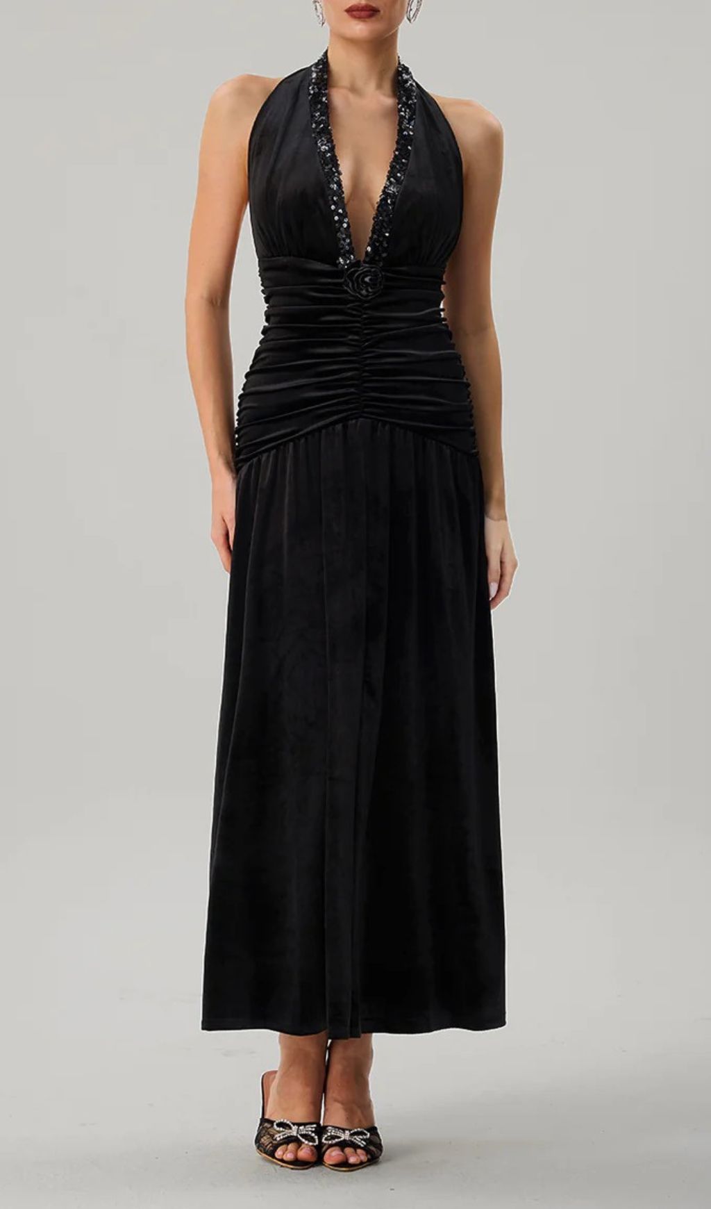 Fashionslee Women Faro Halterneck Ruched Maxi Dress
