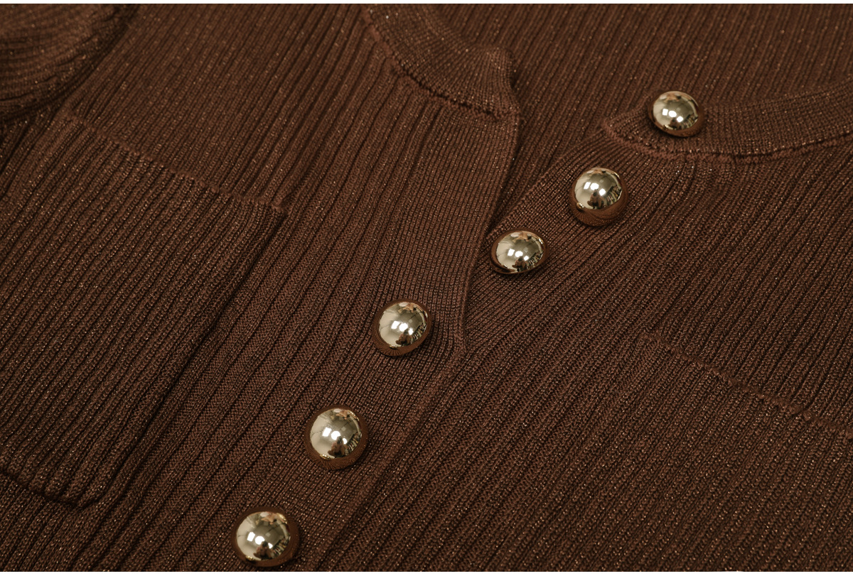 d550310e93b68fe08230eebe48d3b6f1.jpg Fashionslee Women Kimani Coffee Knit Long Sleeve Dress With Chain