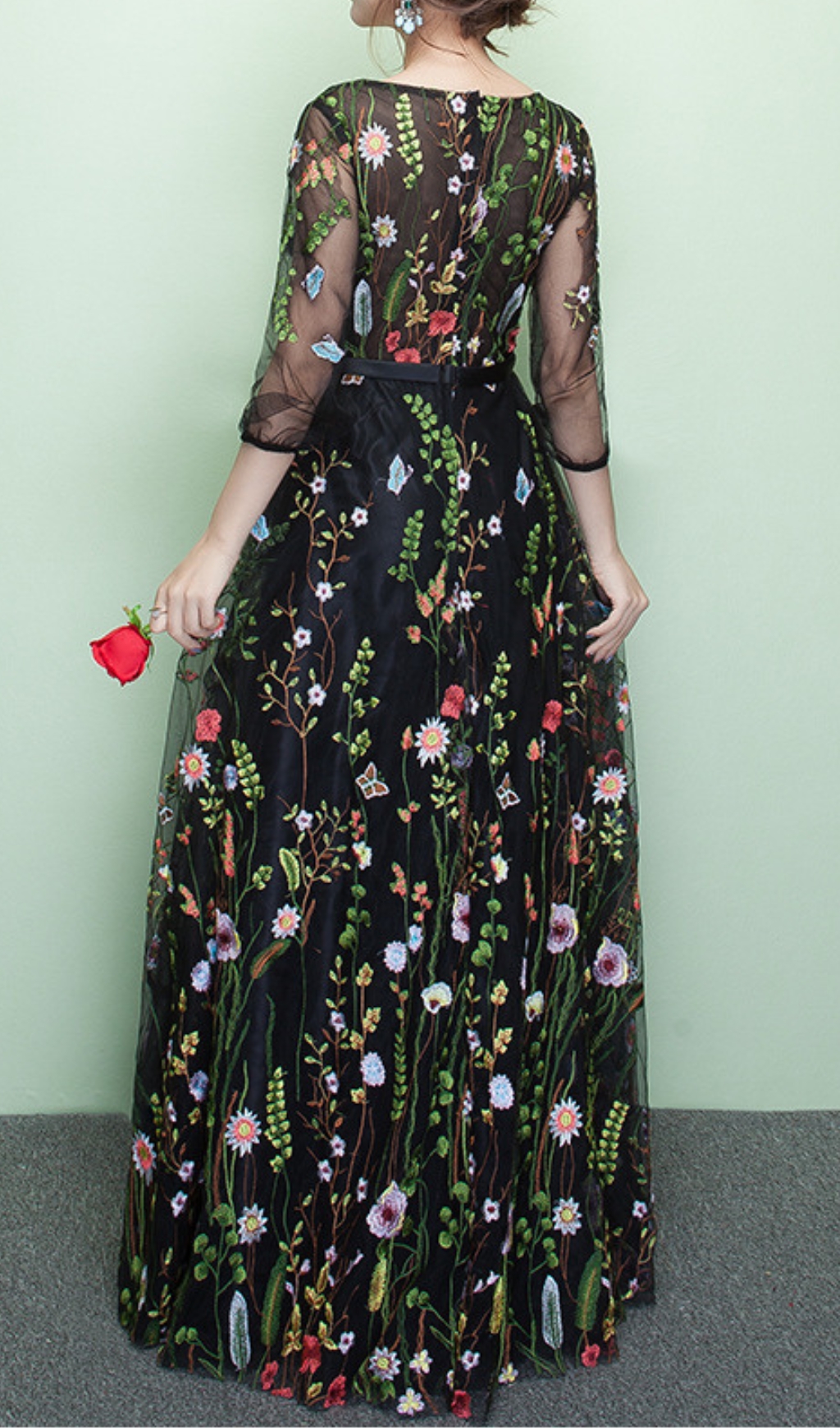 Fashionslee Women Dannell Black Flower Mesh Sleeve Maxi Dress