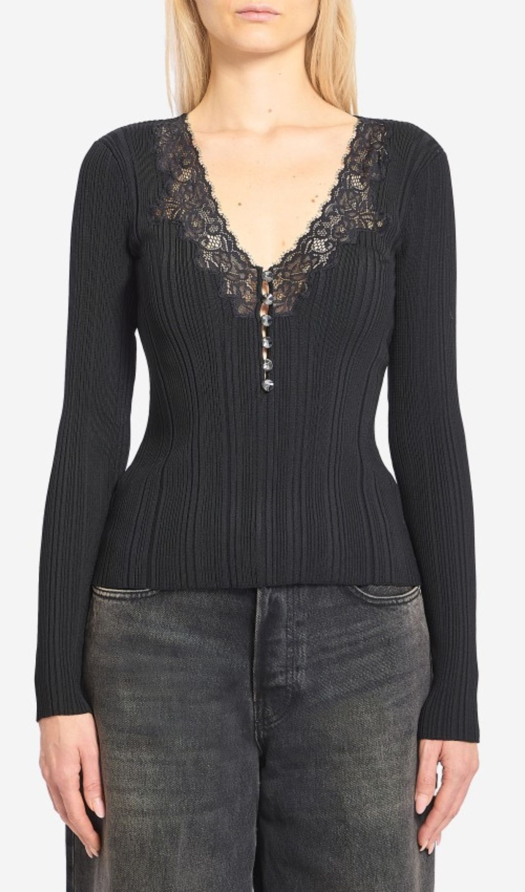 Fashionslee Women Hulda Black V-Neck Lace Knit Top