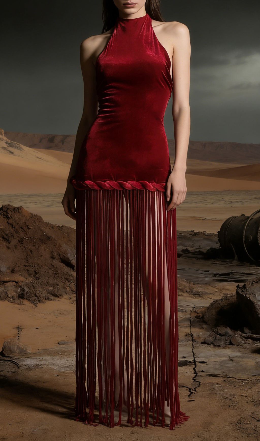 Fashionslee Women Jayla Red Halter Velvet Tassel Maxi Dress