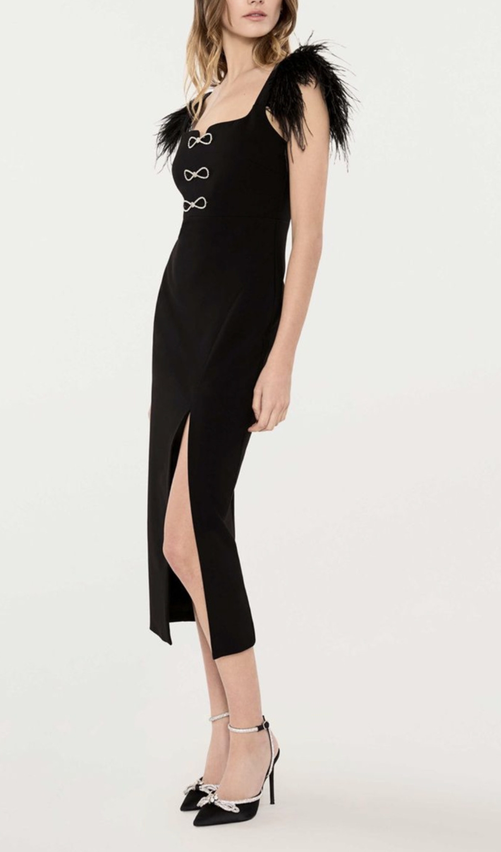 Fashionslee Women Cari Black Bow Feather Bandage Midi Dress