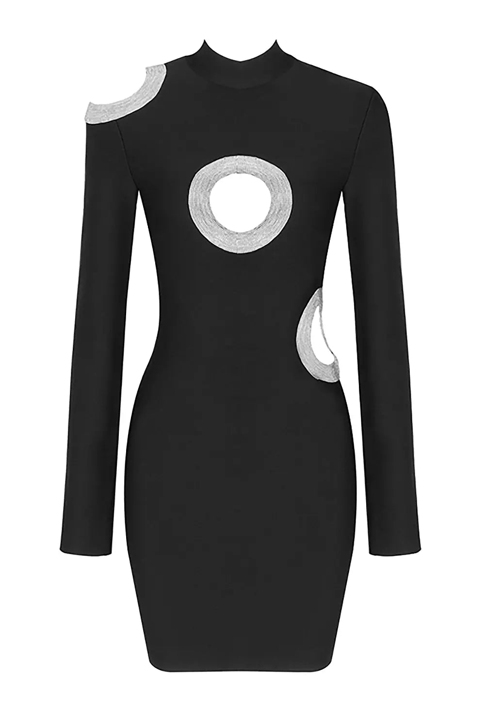Fashionslee Women Black Crew Neck Long Sleeve Beaded Cutout Ring Bandage Dress