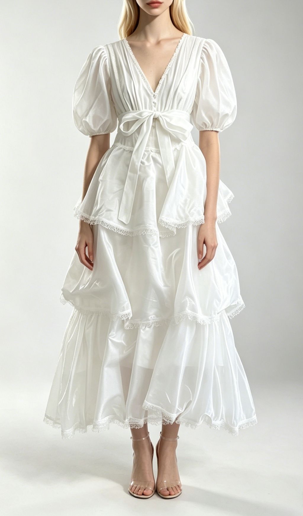 Fashionslee Women Kirsten White Puff Sleeve Layered Midi Dress