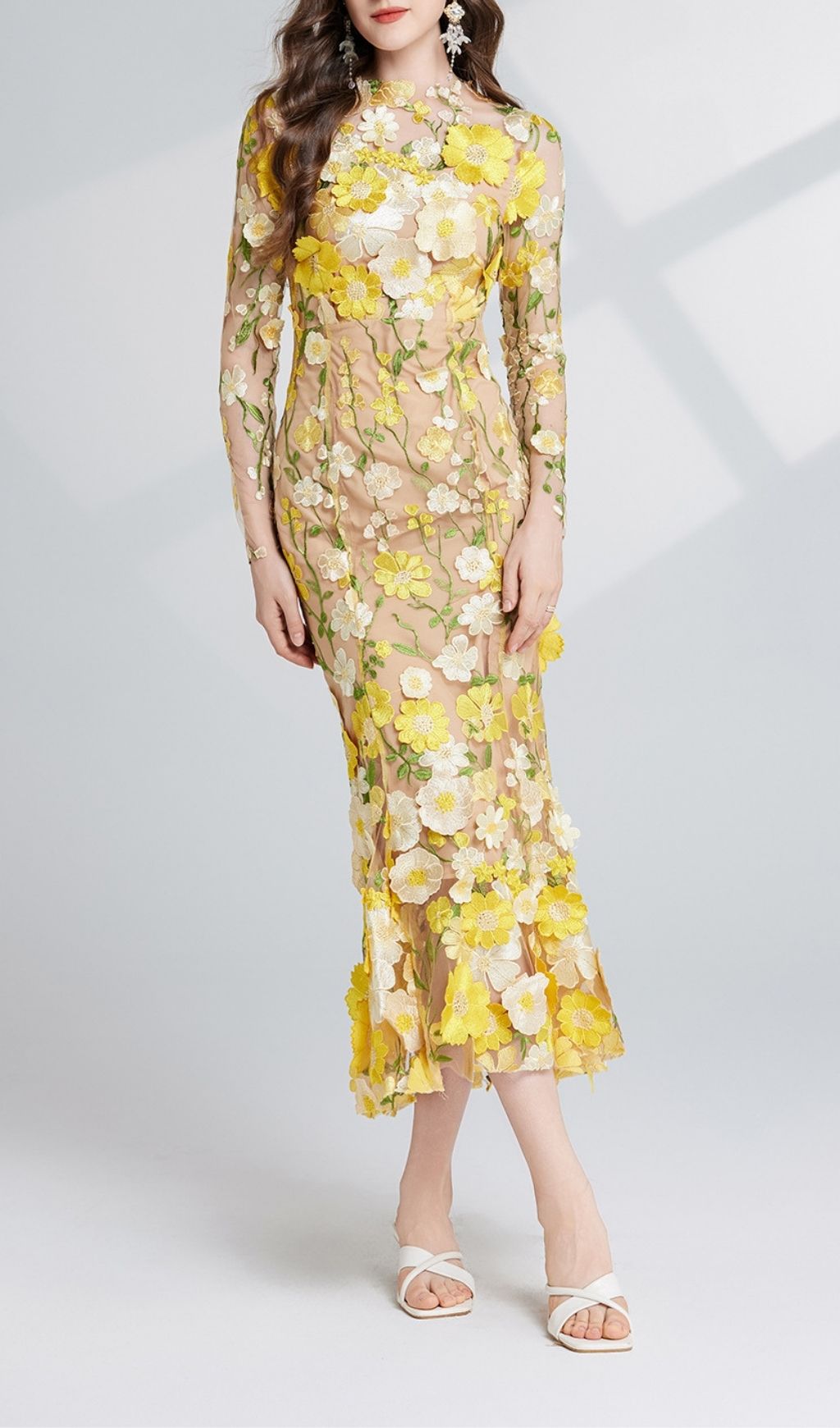 Fashionslee Women Carol Yellow Floral Embroidery Mesh Fishtail Long Sleeve Midi Dress