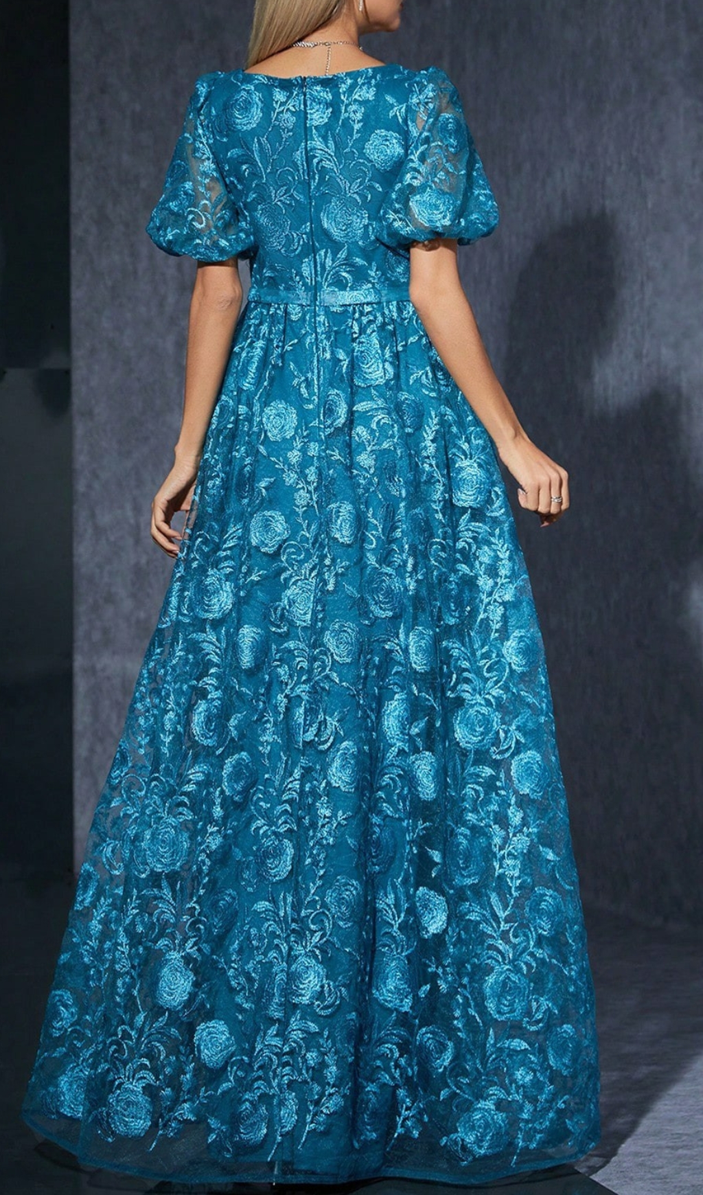 Fashionslee Women Dione Blue Puff Sleeve Flower Maxi Dress