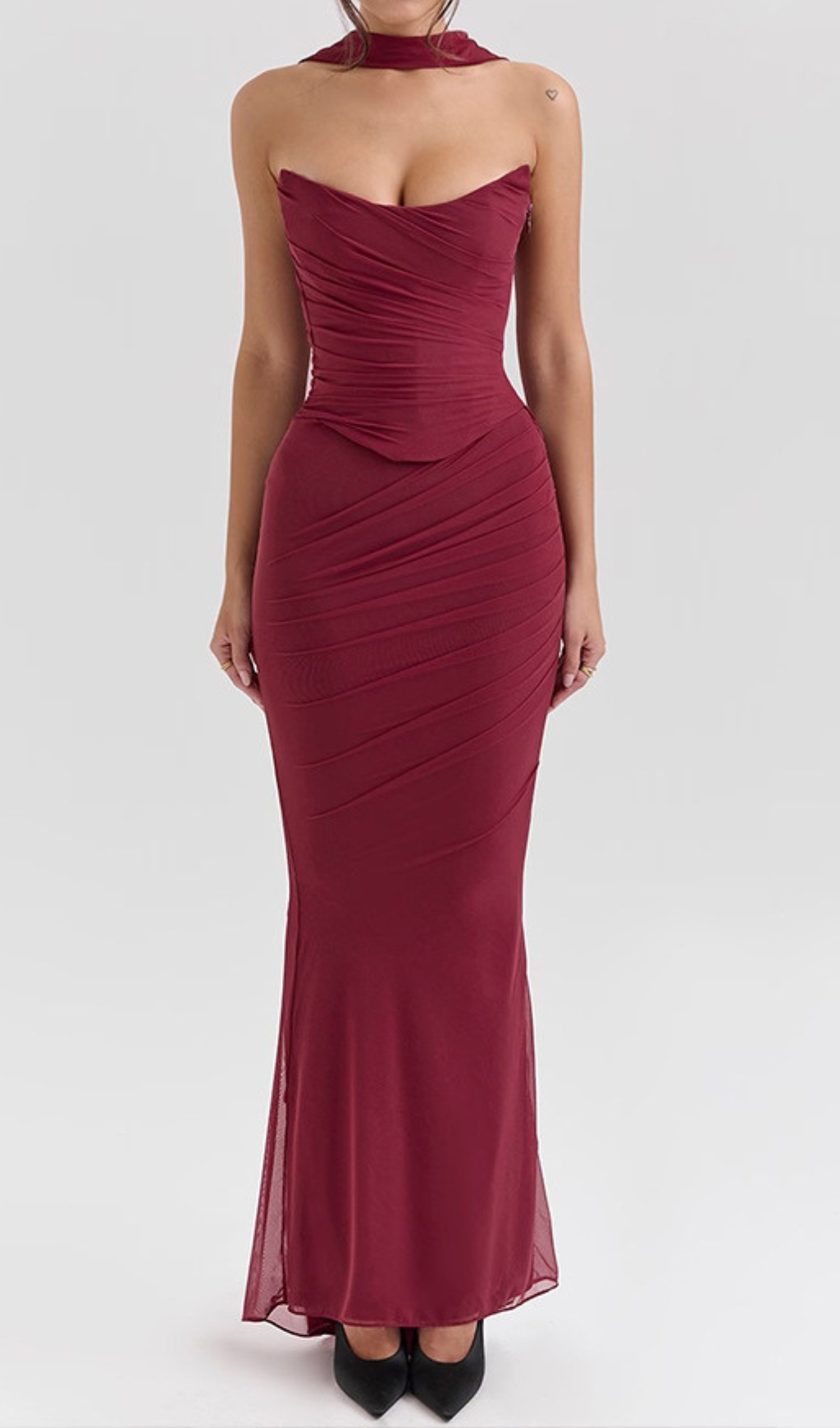 Fashionslee Women Barbie Wine Corset Top Fluted Hem Maxi Dress