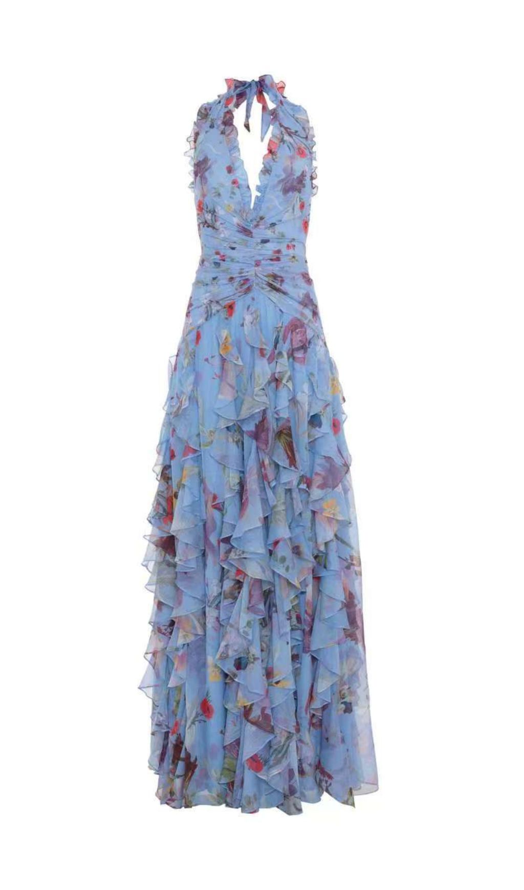 Fashionslee Women Delicah Blue Halter Floral Ruffle Maxi Dress