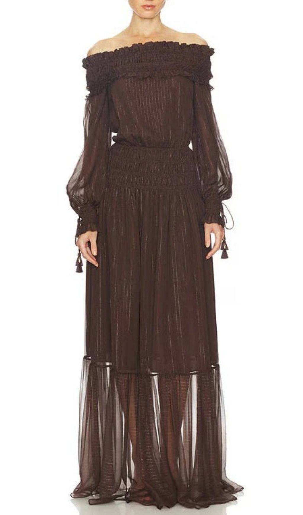 Fashionslee Women Tiffany Brown Off-shoulder Maxi Dress with Ruched Trim
