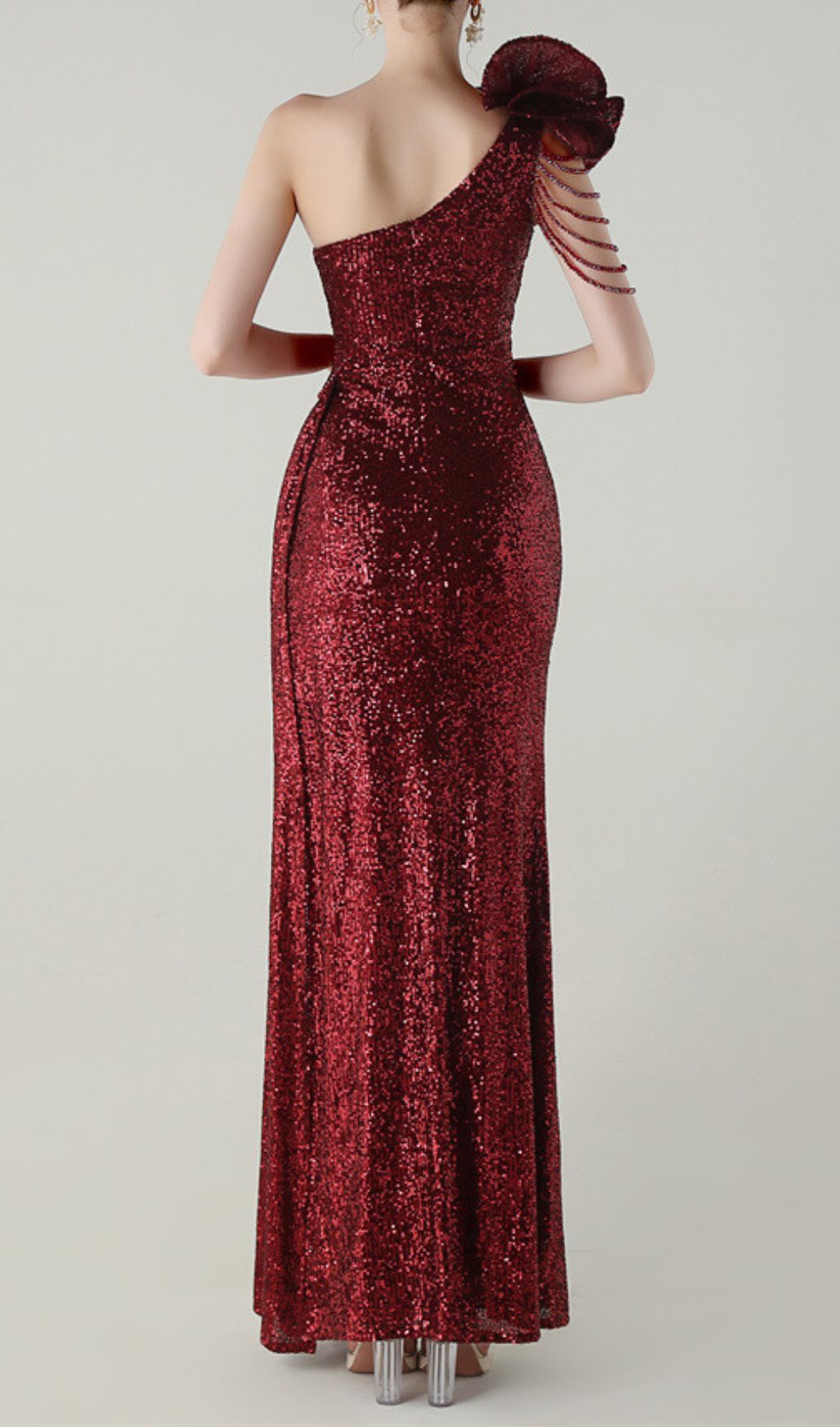 Fashionslee Women Ikia Red One-Shoulder Sequin Maxi Dress
