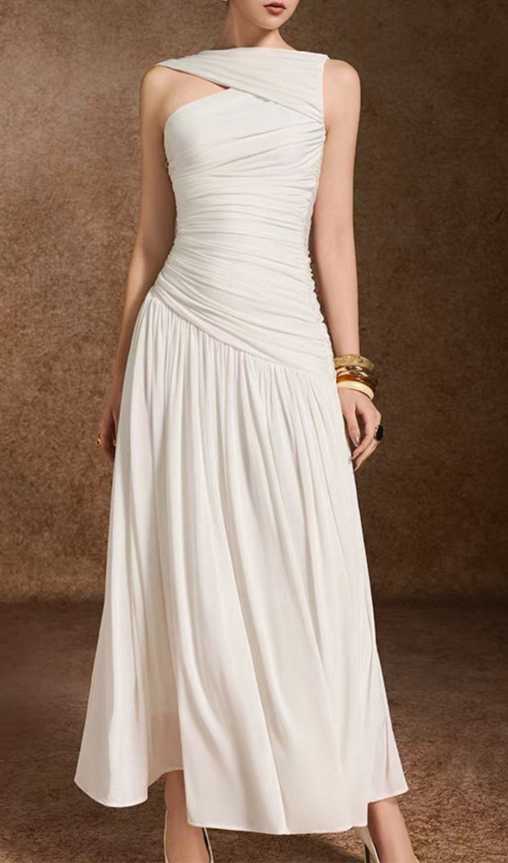 Fashionslee Women Kelsey White Ruched Maxi Dress