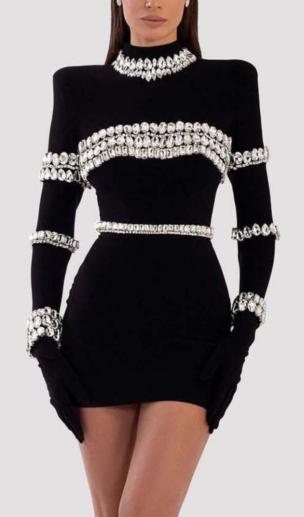Fashionslee Women Silver Stones Long Sleeve Mini Dress In Black