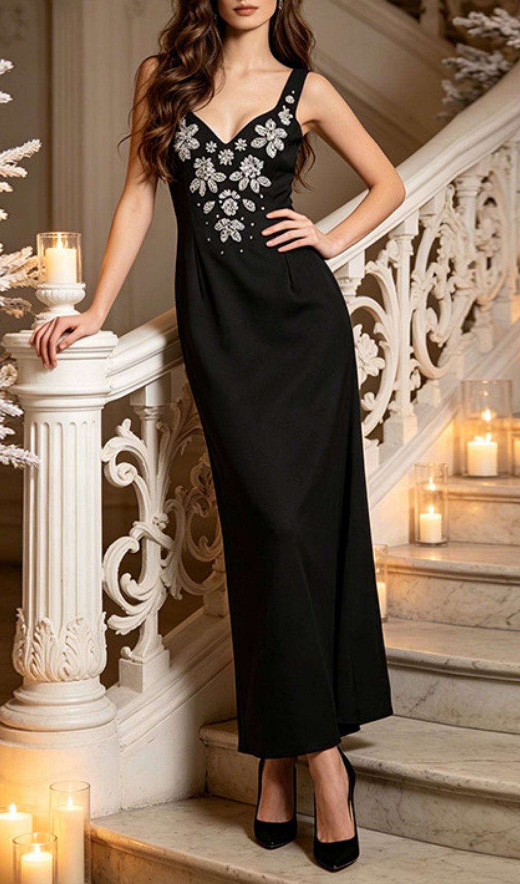 Fashionslee Women Ladonna Black Strappy Diamante Maxi Dress