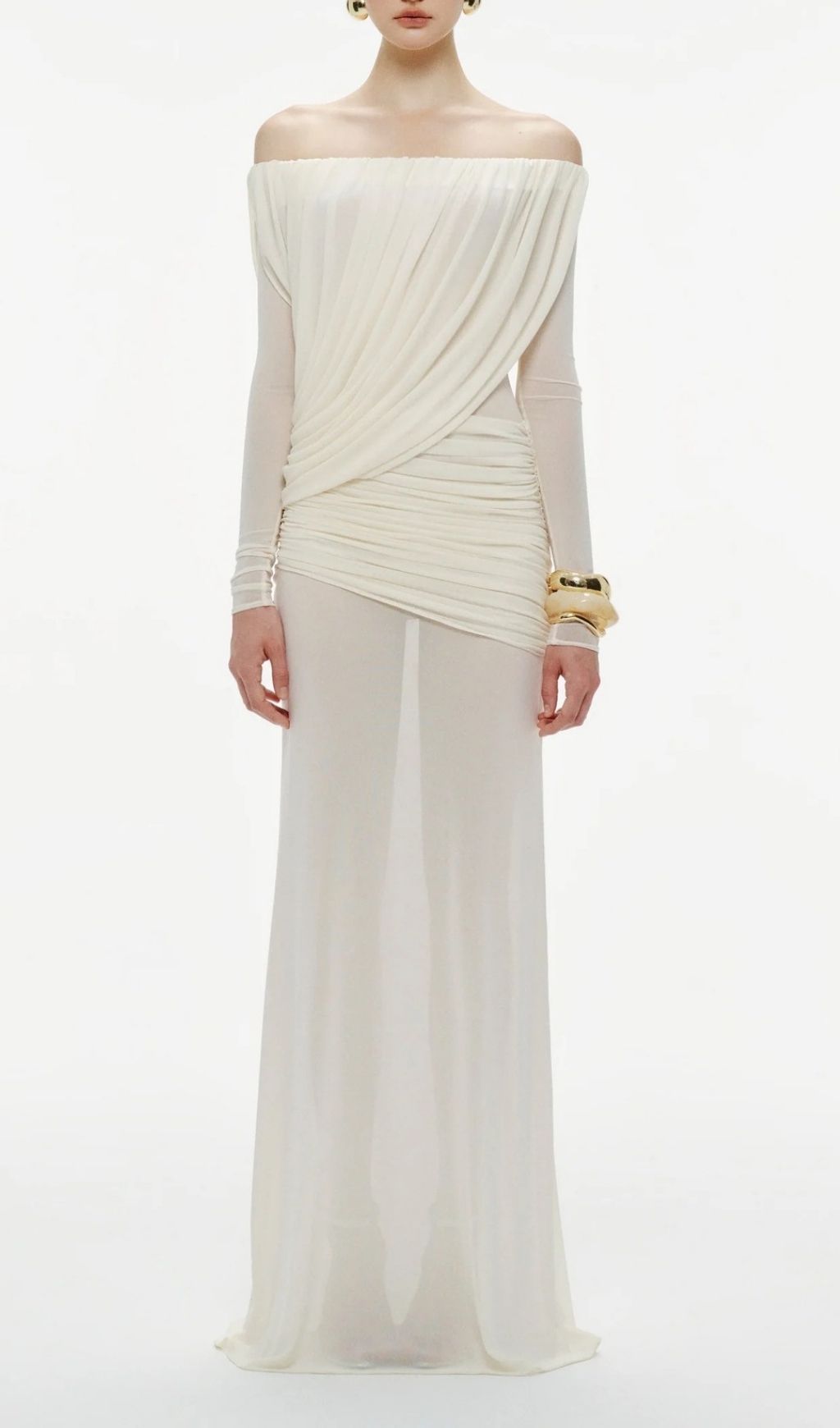 Fashionslee Women Kalinda White Pleated Off-Shoulder Mesh Maxi Dress