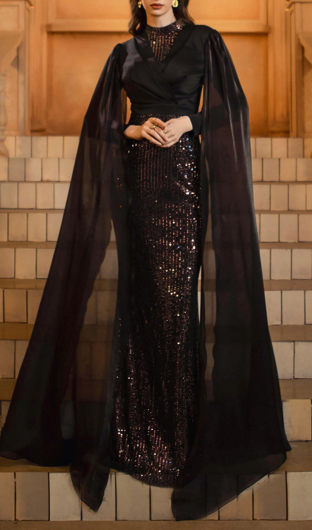 Fashionslee Women Folami Sequin Mesh Sleeve Maxi Dress