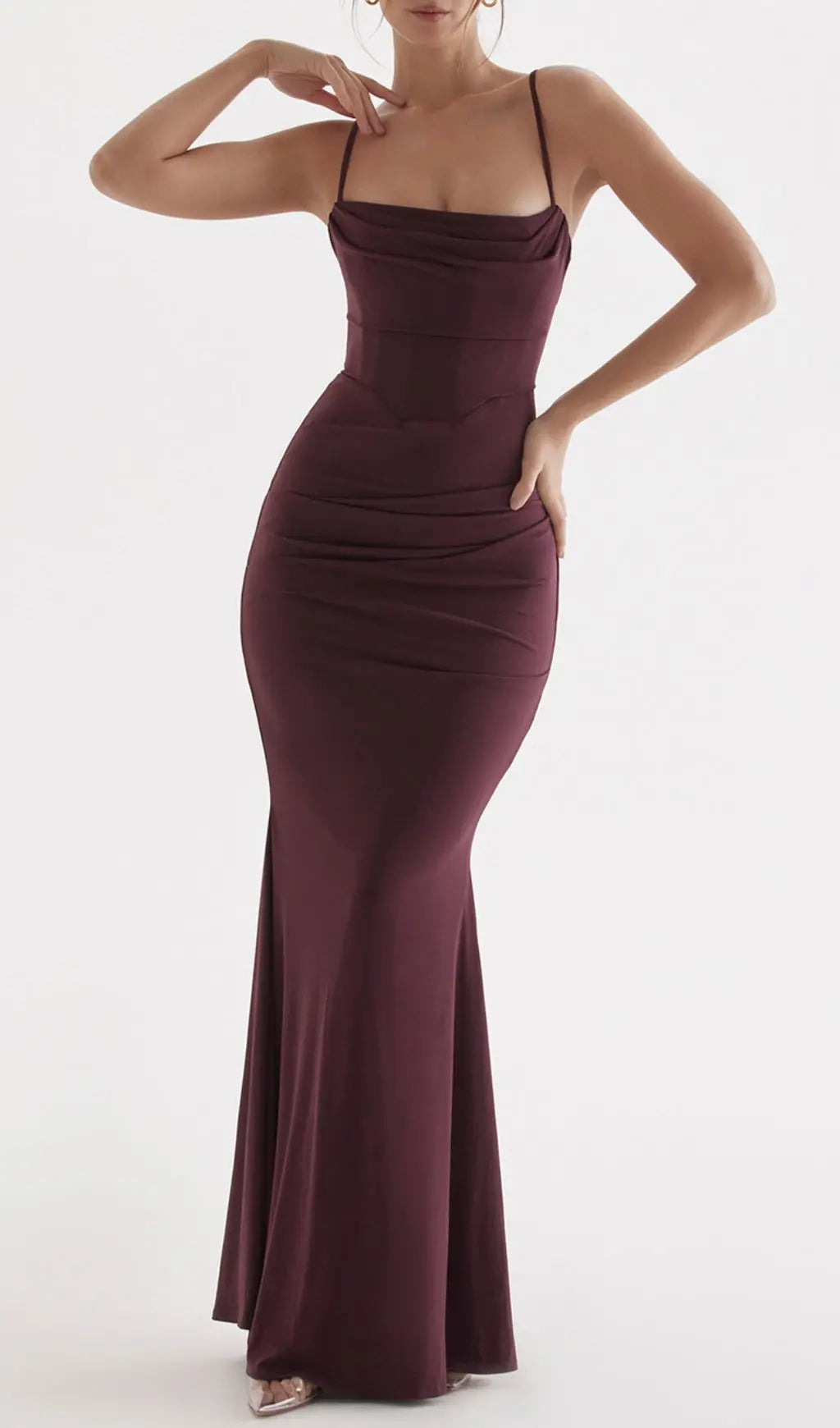 Fashionslee Women Dark Cherry Corset Maxi Dress