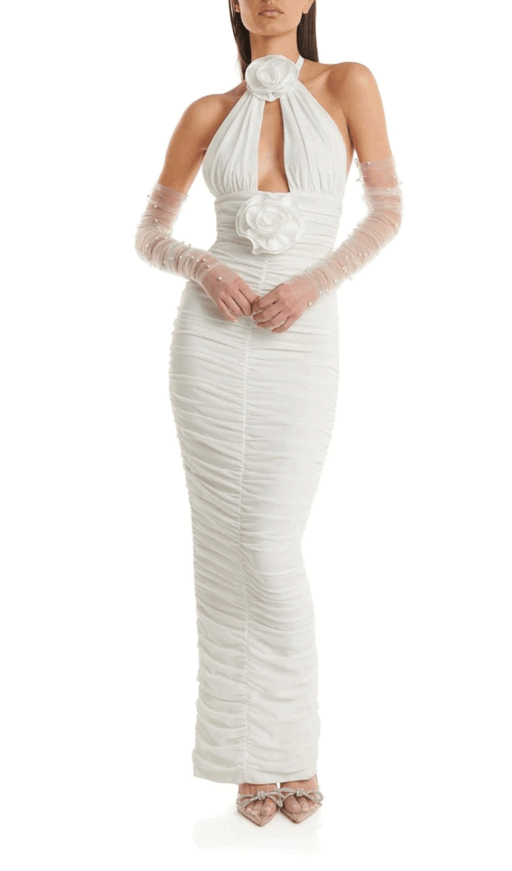 Fashionslee Women White 3D Floral Circle Neck Bandage Maxi Dress