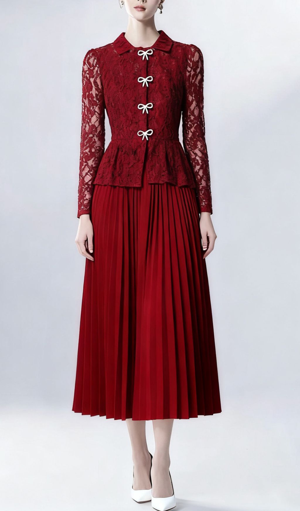 Fashionslee Women Izel Bow Lace Pleated Long Sleeve Midi Dress