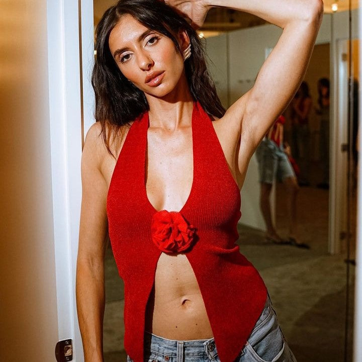 d7931bbb631e98edb7fedd7a2fc911d2.jpeg Fashionslee Women Halterneck Flower Top In Red