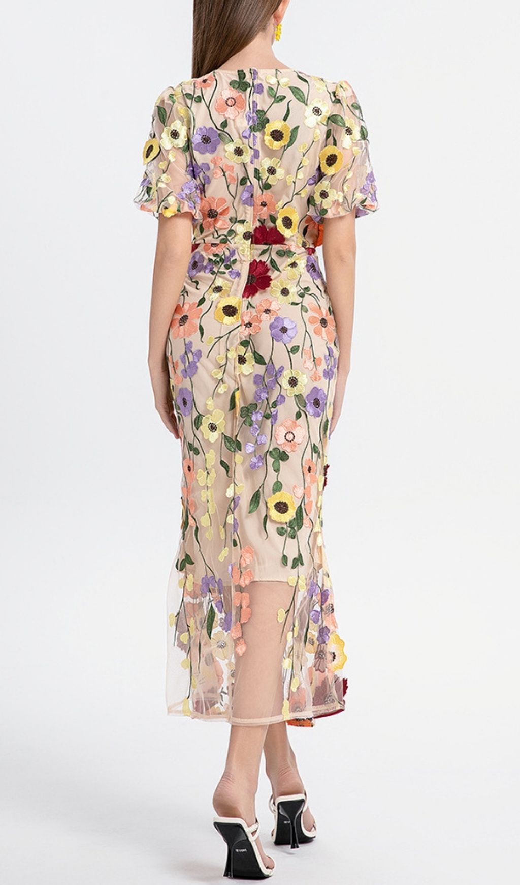 Fashionslee Women Kura Puff Sleeve Flower Embroidery Midi Dress