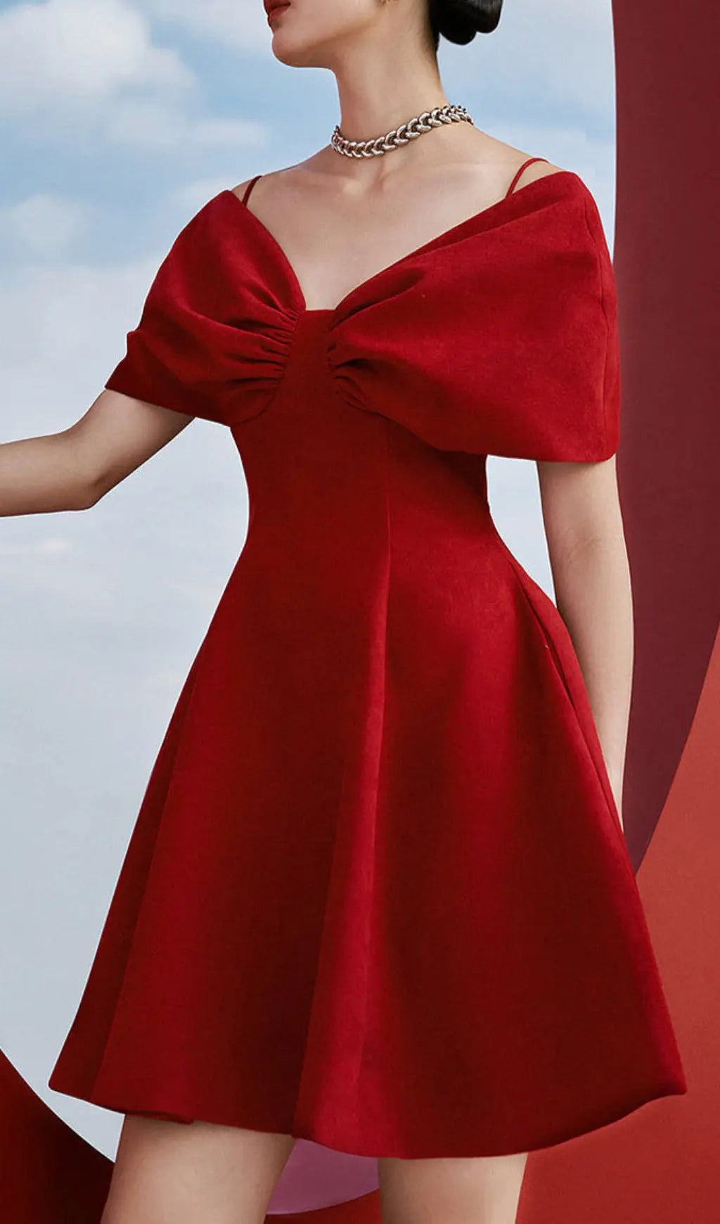 Fashionslee Women Red Off Shoulder Pleated A Line Dress